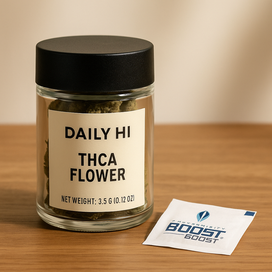 A sealed glass jar labeled "Daily Hi THCA Flower" sits on a wooden surface beside an Integra Boost humidity pack, showcasing premium cannabis packaging with freshness control.