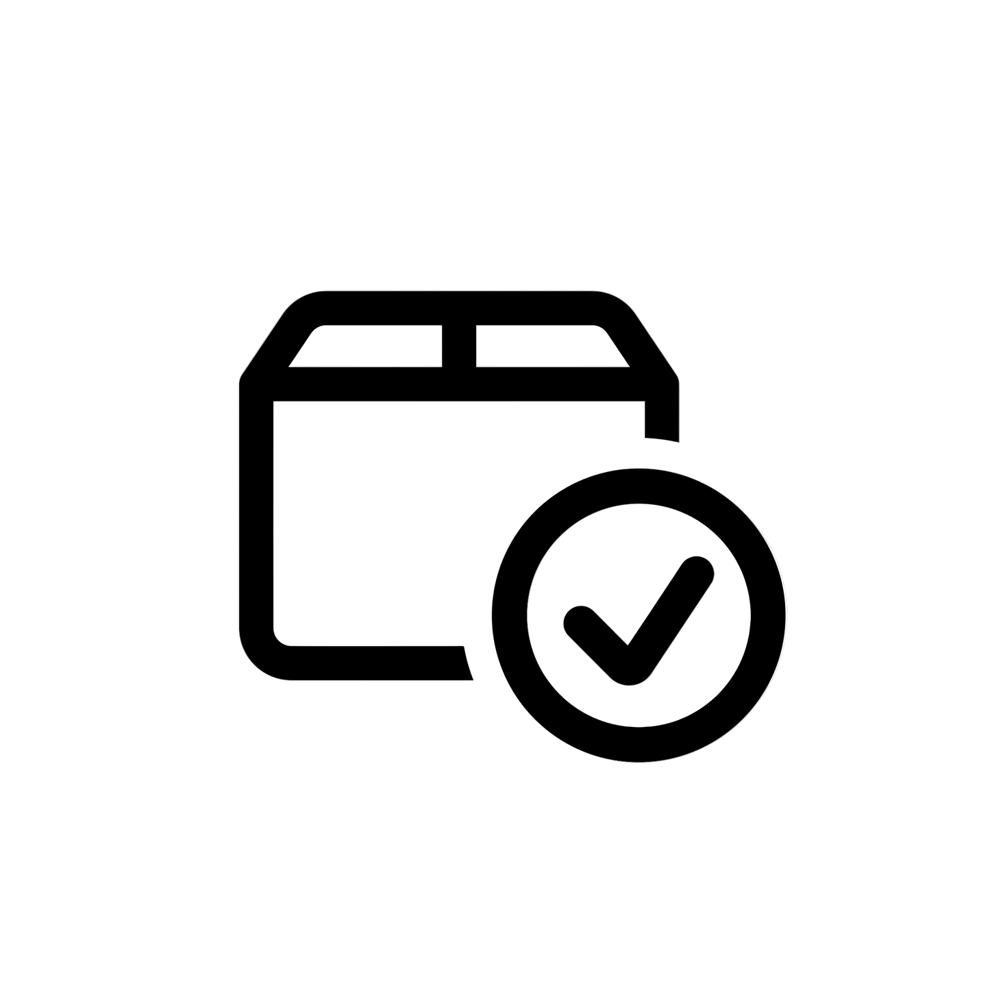 Black icon of a package with a check mark on a white background