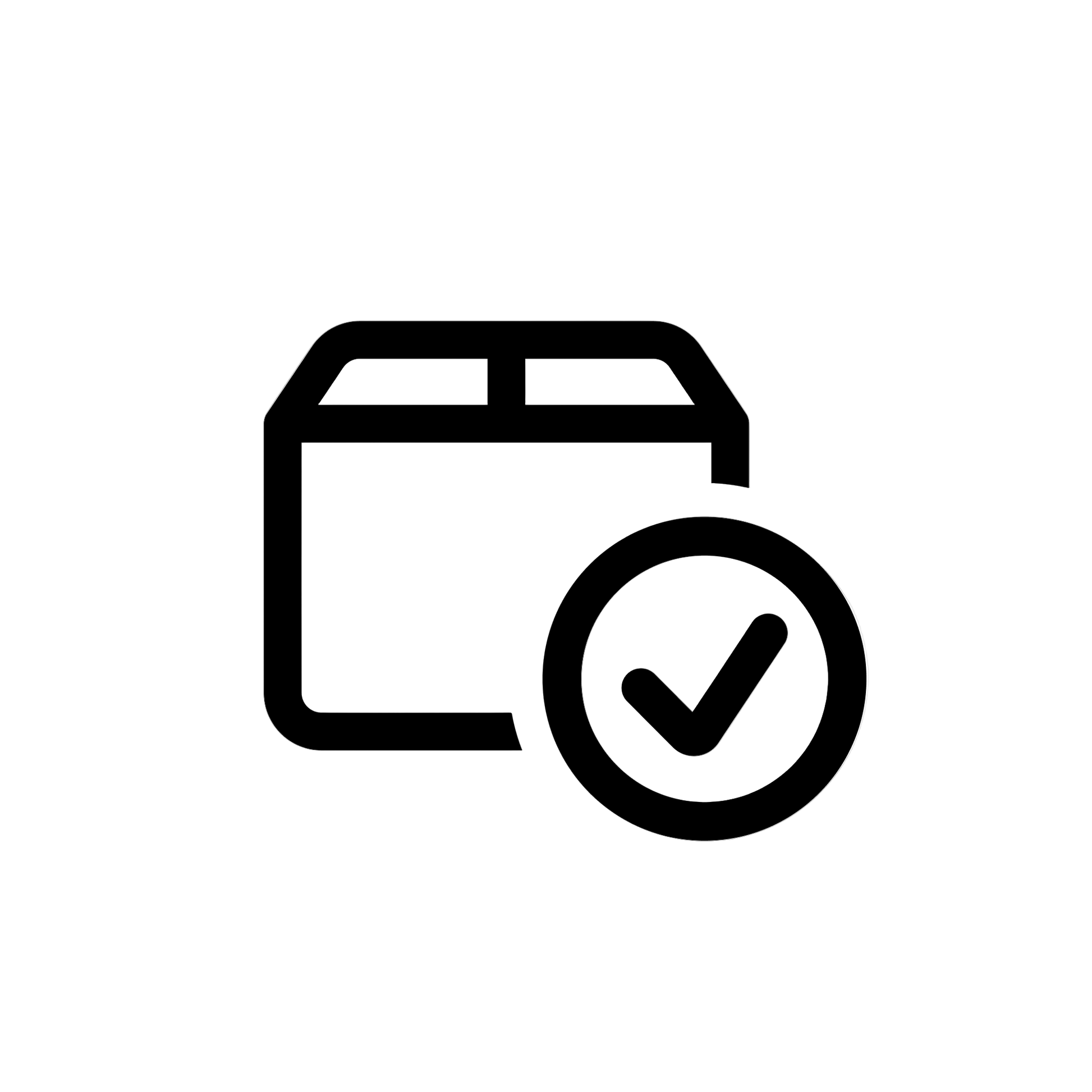 Black icon of a package with a check mark on a white background