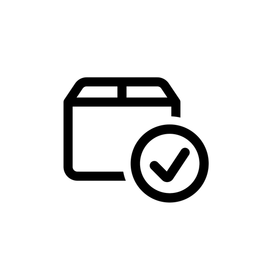 Black icon of a package with a check mark on a white background